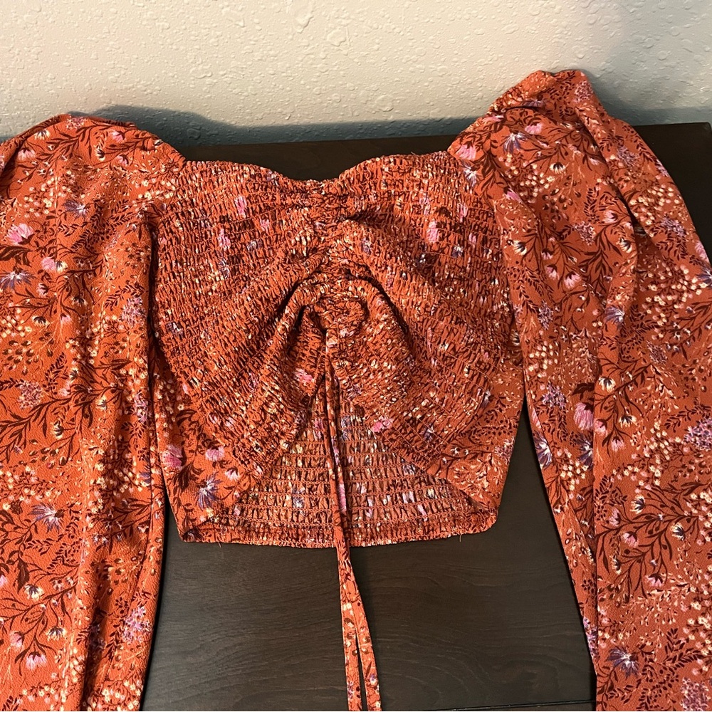 Forever 21 Ruched Tie Front Puff Sleeve Top in Brown and Orange